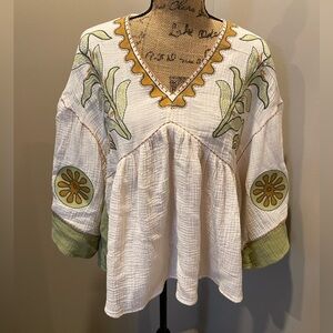 Easel Boho Embroidered V-Neck Peasant Top